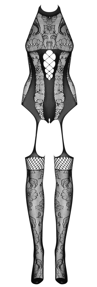 Obsessive F240 ouvert bodystocking i sort transparent net med forstærket tå