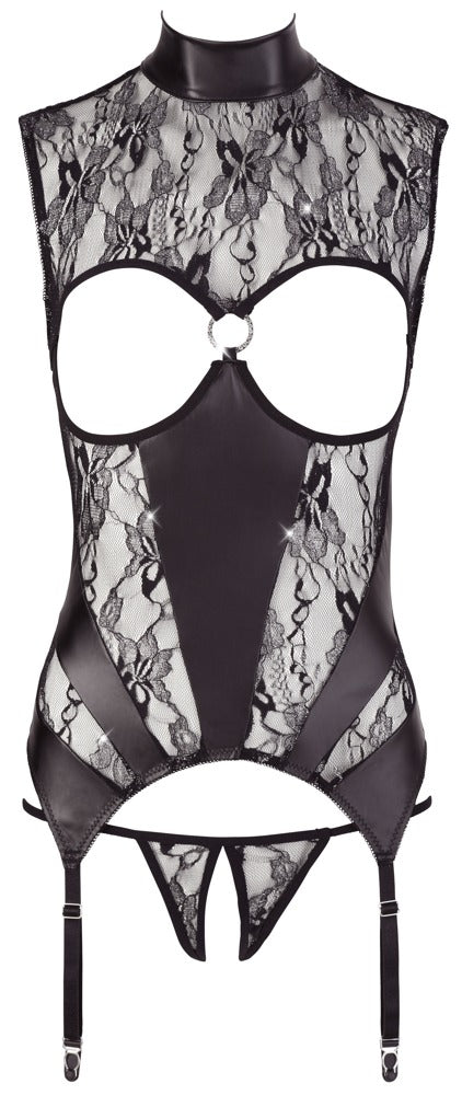 Abierta Fina Sort Open Cup Basque med Rhinestone-ring &amp; Crotchless String