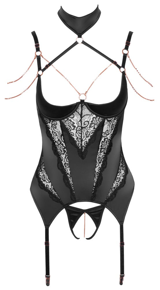 Crotchless string i stretch satin med aftagelig kæde over skridtområdet