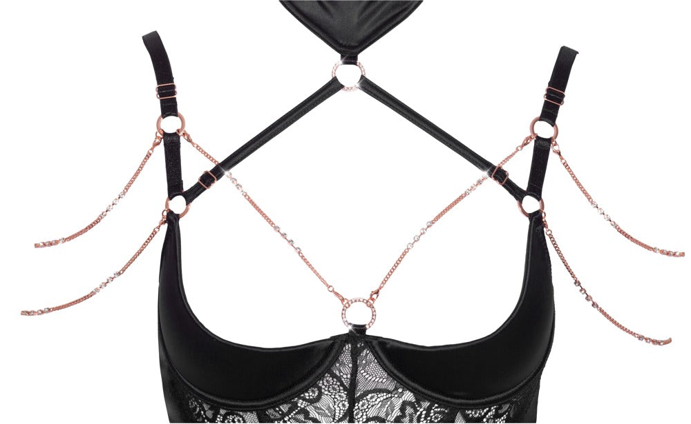 Abierta Fina Basque-sæt med Rhinestone-kæder &amp; Crotchless String
