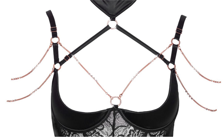 Abierta Fina Basque-sæt med Rhinestone-kæder &amp; Crotchless String