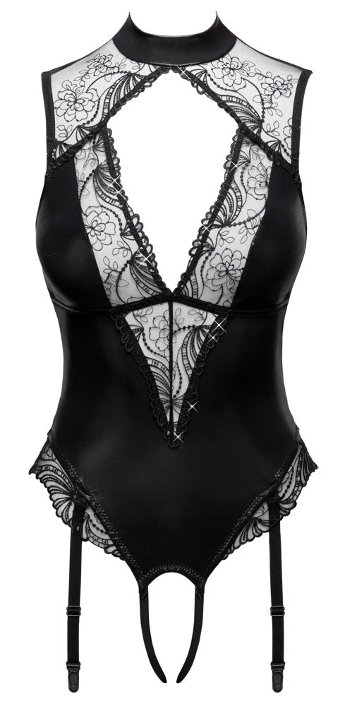 Cottelli LINGERIE Sort Crotchless Body med Strømpeholdere &amp; Pailletter