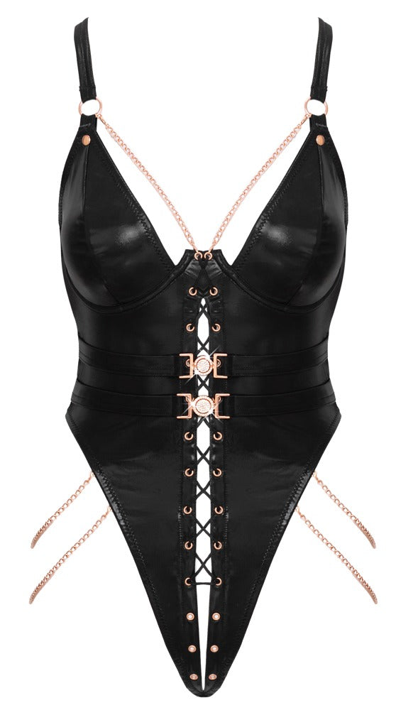 Abierta Fina Sort Wetlook Stringbody med Kæder &amp; Snøring