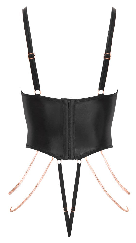 Abierta Fina Sort Wetlook Stringbody med Kæder &amp; Snøring