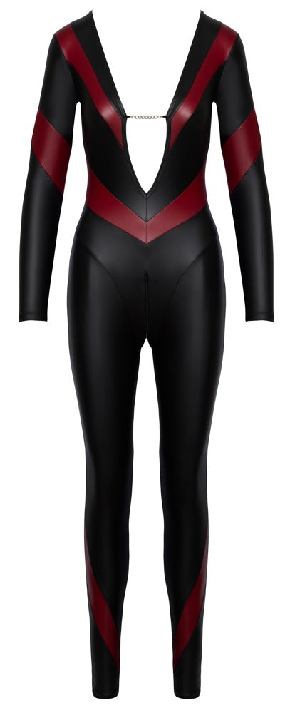 Cottelli PARTY Jumpsuit Sort/Rød – tætsiddende mat catsuit med kæde og 3-vejs lynlås