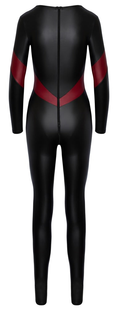 Cottelli PARTY Jumpsuit Sort/Rød – tætsiddende mat catsuit med kæde og 3-vejs lynlås