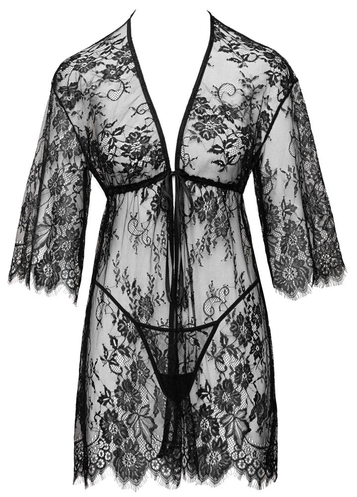 Kort Cottelli LINGERIE kimono med ¾-ærmer og dekorative blondekanter