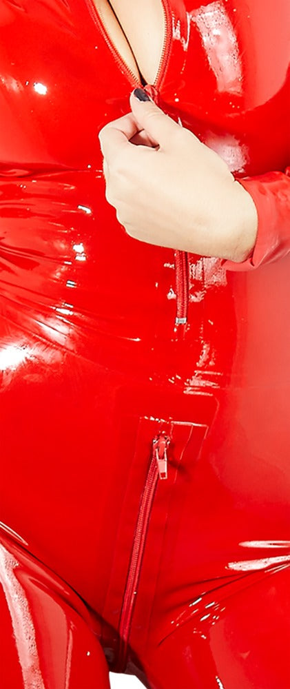 Rød Latex Catsuit – Ståkrave, To Lynlåse & Skulpturel Pasform