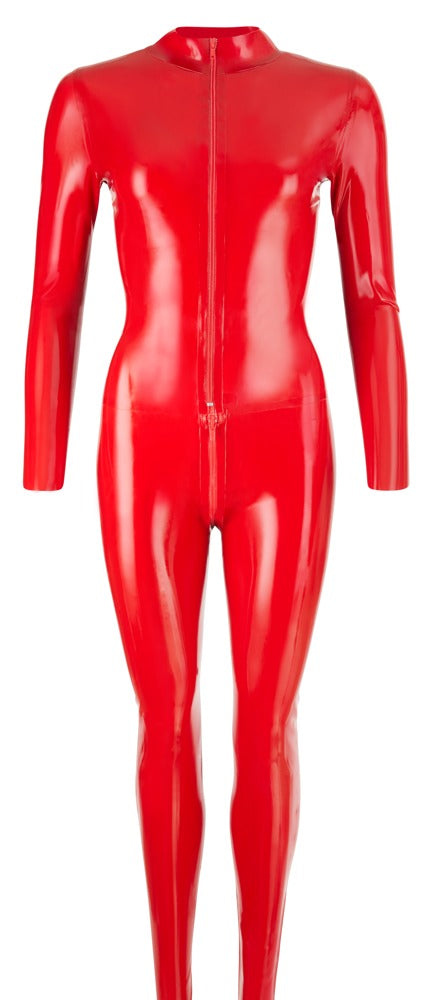 Rød Latex Catsuit – Ståkrave, To Lynlåse & Skulpturel Pasform