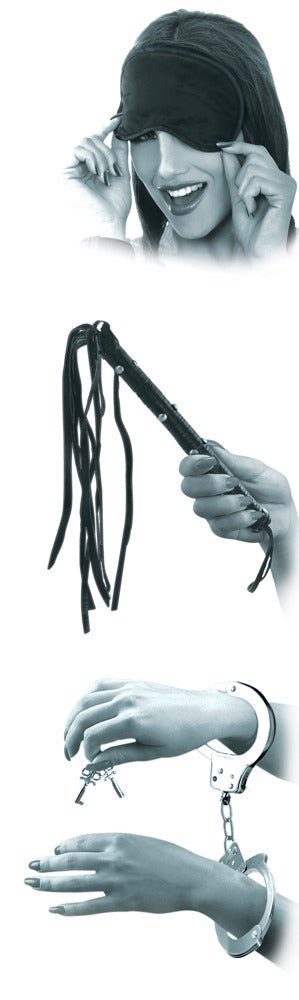 3-delt bondage startsæt med metalhåndjern, flogger og blindfold