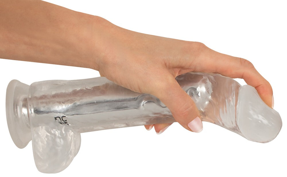 Transparent realistisk vibrator med sugekop og fyldige testikler