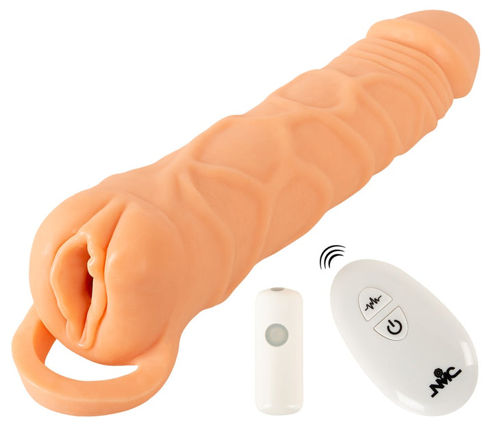 Nature Skin 2in1 penisforlænger og masturbator med vibration og fjernbetjening