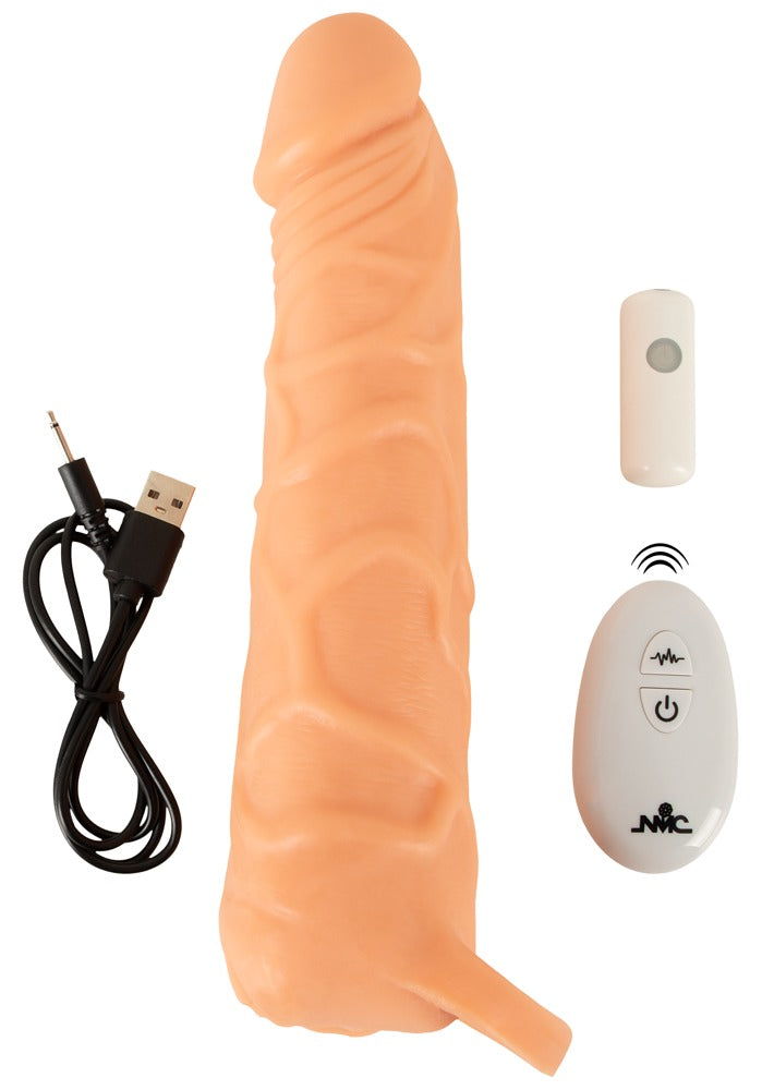 Nature Skin 2in1 Extension &amp; Masturbator RC – vibrerende penisforlænger med fjernbetjening