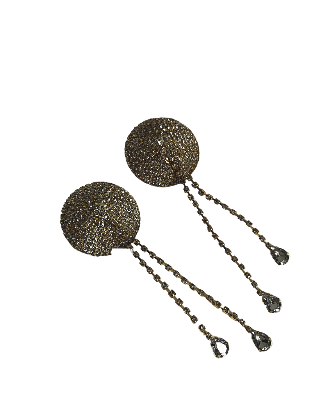 Pair of rhinestone tassel nipple covers displayed flat – lingerie party accessory