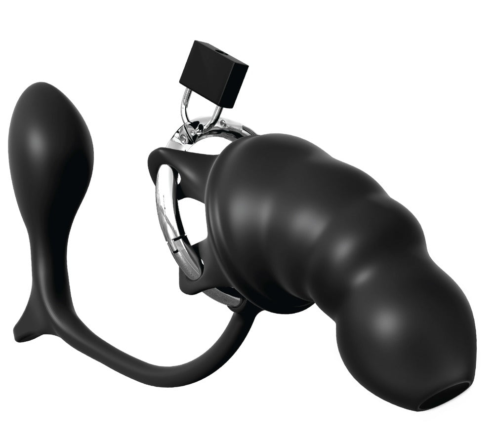 Anal Fantasy Ass-Gasm cock cage med butt plug og justerbar ring
