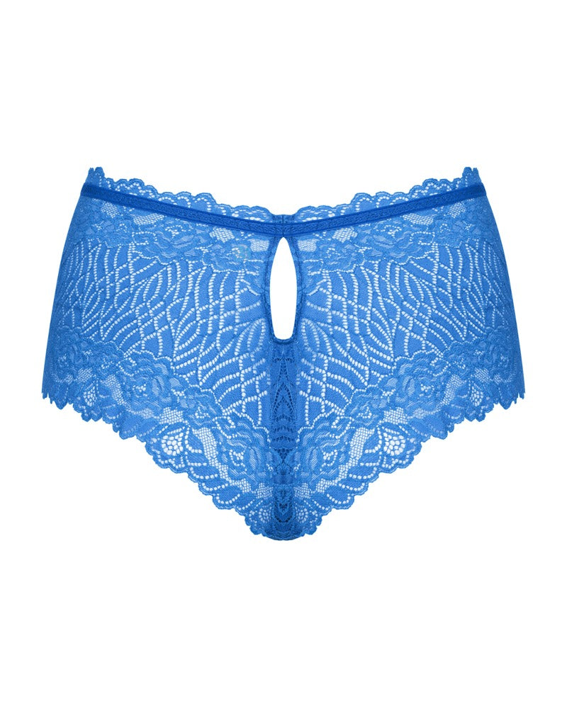 Blå blondeshorts med formfremhævende udskæring over bagdelen
