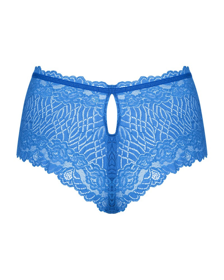 Blå blondeshorts med formfremhævende udskæring over bagdelen