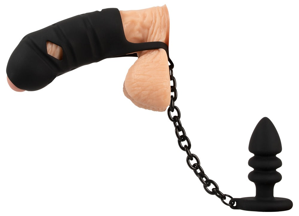 Black Velvets cock cage med butt plug i sort silikone