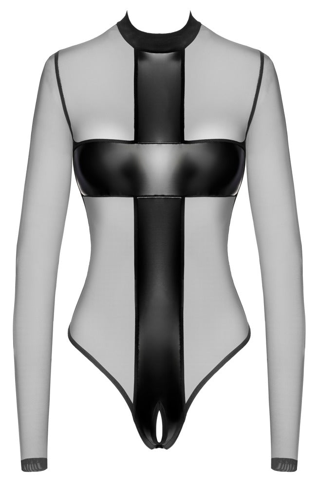 Fetish-fashion body med lange ærmer og formfremhævende striber