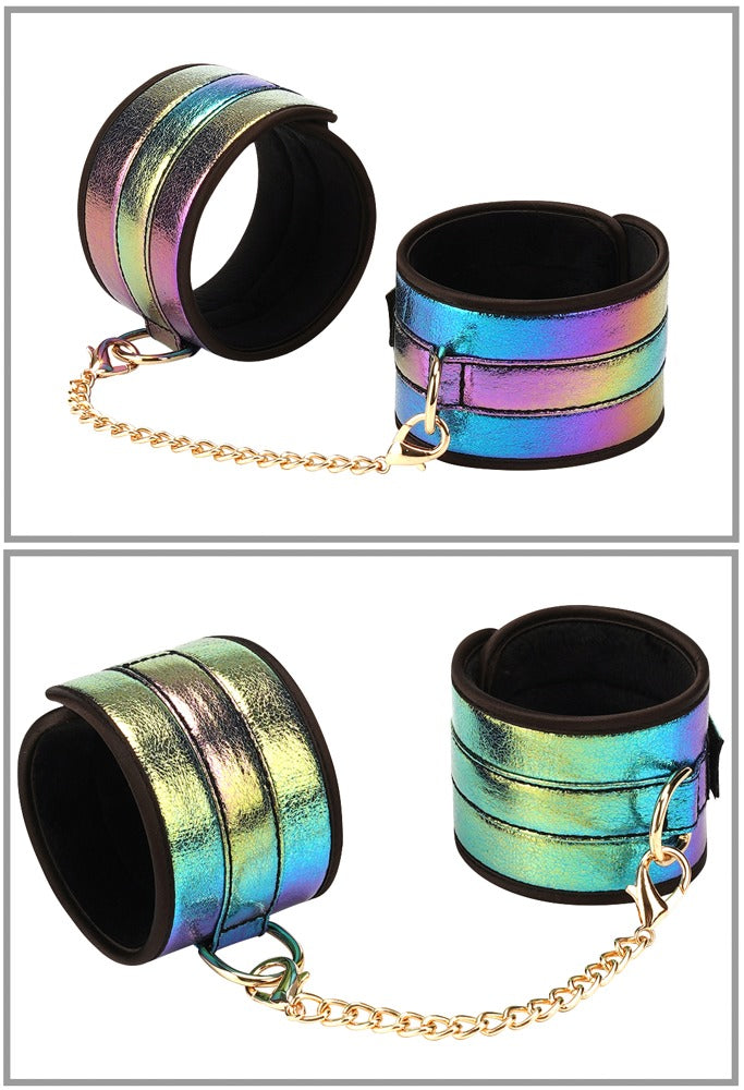 Glossy rainbow bondage-sæt med velcro-lukninger og justerbare cuffs