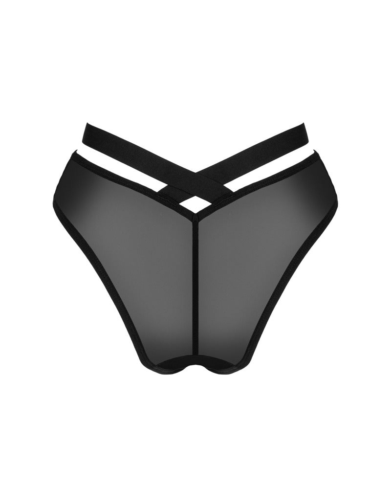 Sorte lingeritrusser med transparent mesh og stribet tekstil