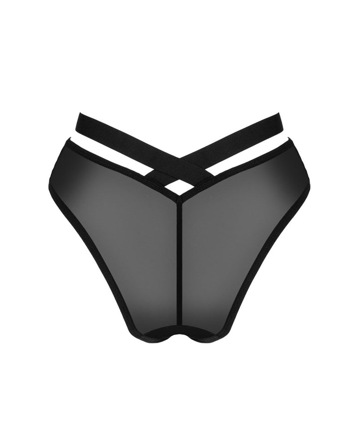 Sorte lingeritrusser med transparent mesh og stribet tekstil