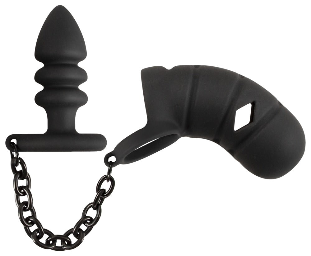Chastity harness med penisbur, kuglering og anal plug