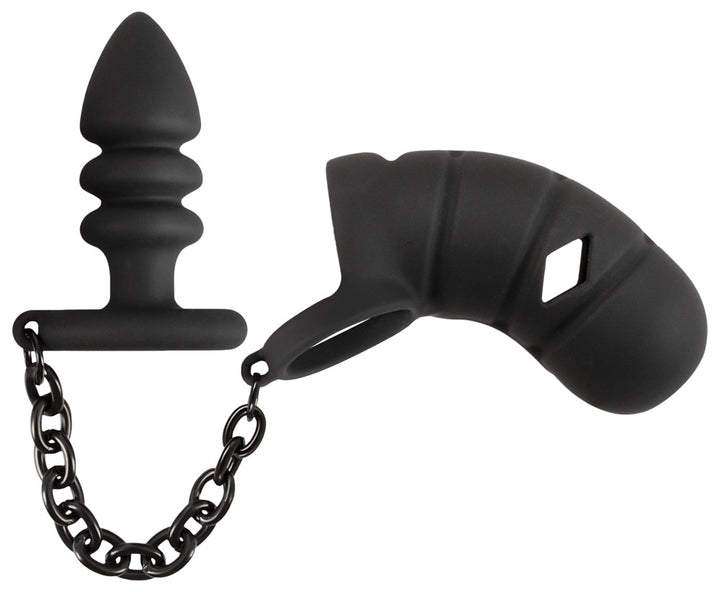 Chastity harness med penisbur, kuglering og anal plug