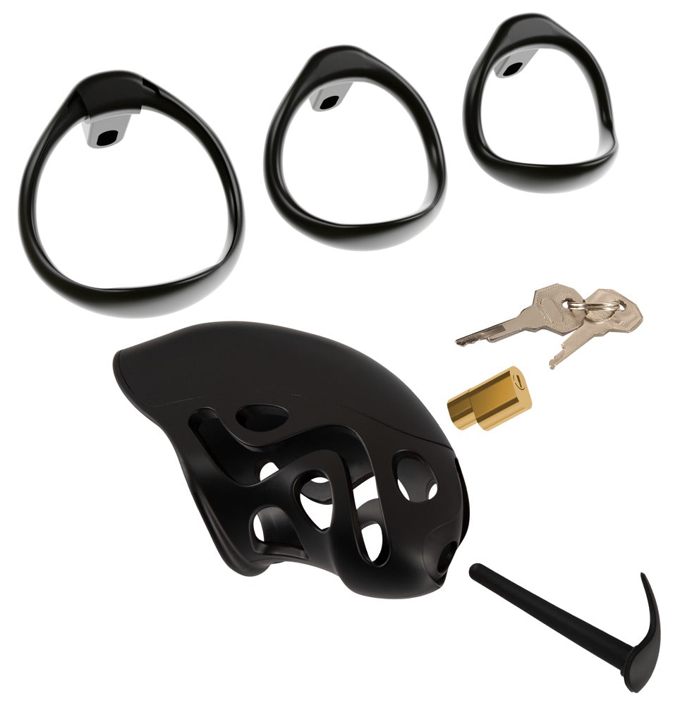 Sort chastity cage med lås og silikone-dilator