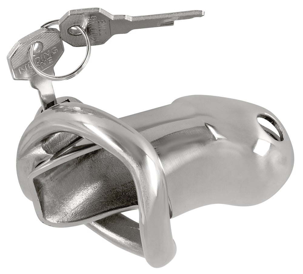 Sølvfarvet metal penisbur med fast ball ring