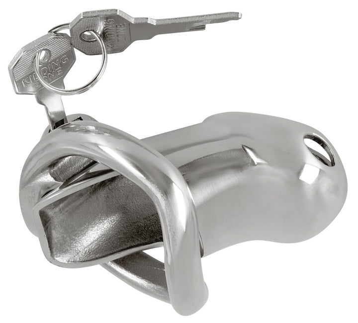 Sølvfarvet metal penisbur med fast ball ring