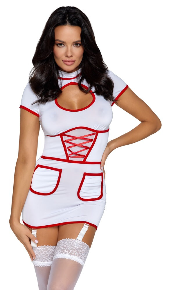 Cottelli Nurse Costume i hvidt design med røde detaljer og dekorativ snøring