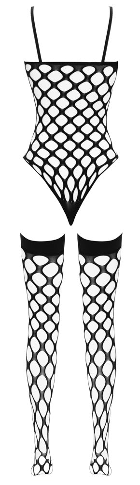 Cottelli thong body i sort stort net med smalle elastiske stropper