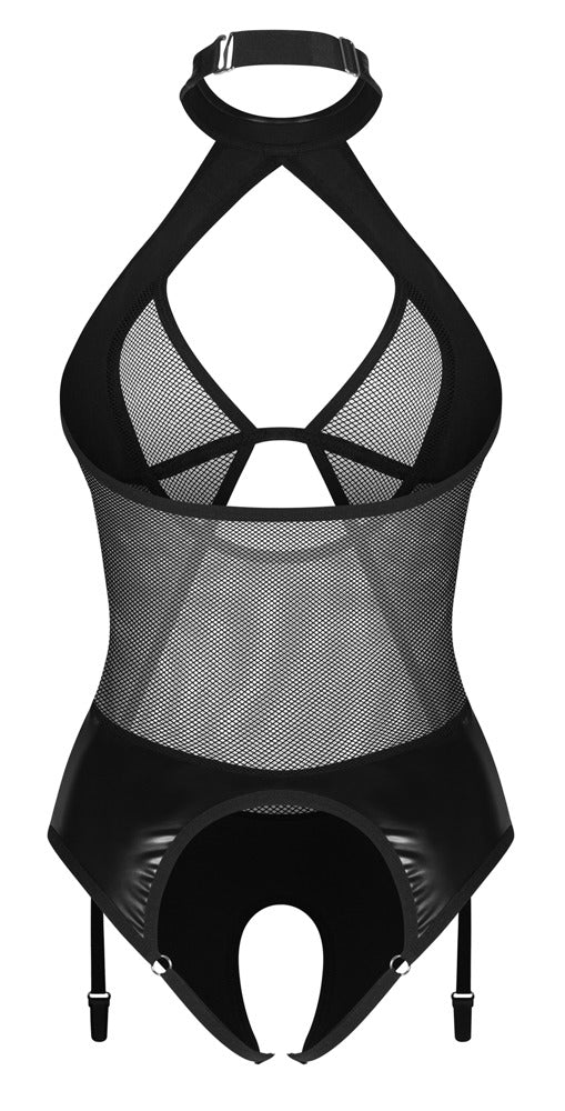 Rygløs suspender-body med wetlook, net og elastisk pasform