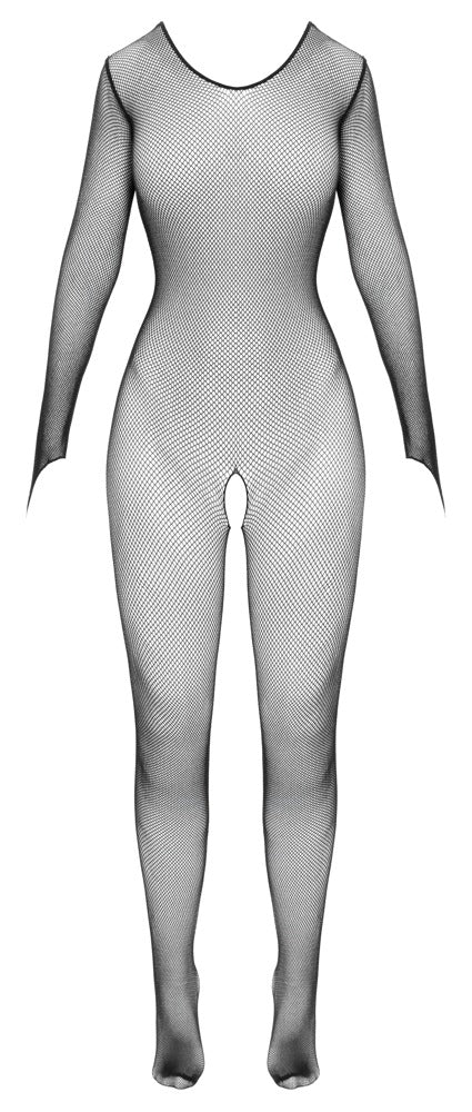 Sort crotchless net catsuit i transparent elastisk materiale