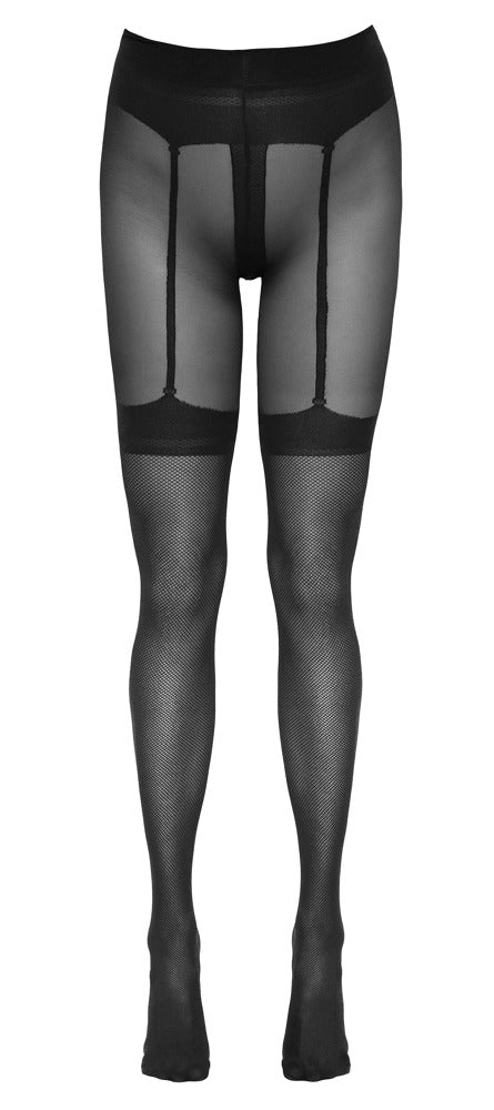 Sorte netstrømpebukser med integreret stockings-look