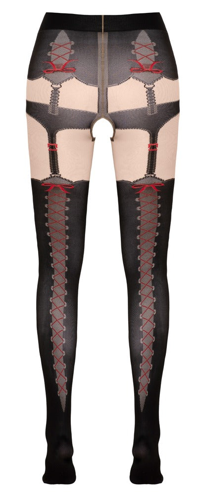 Sorte strømpebukser med integreret trusse og stockings-look