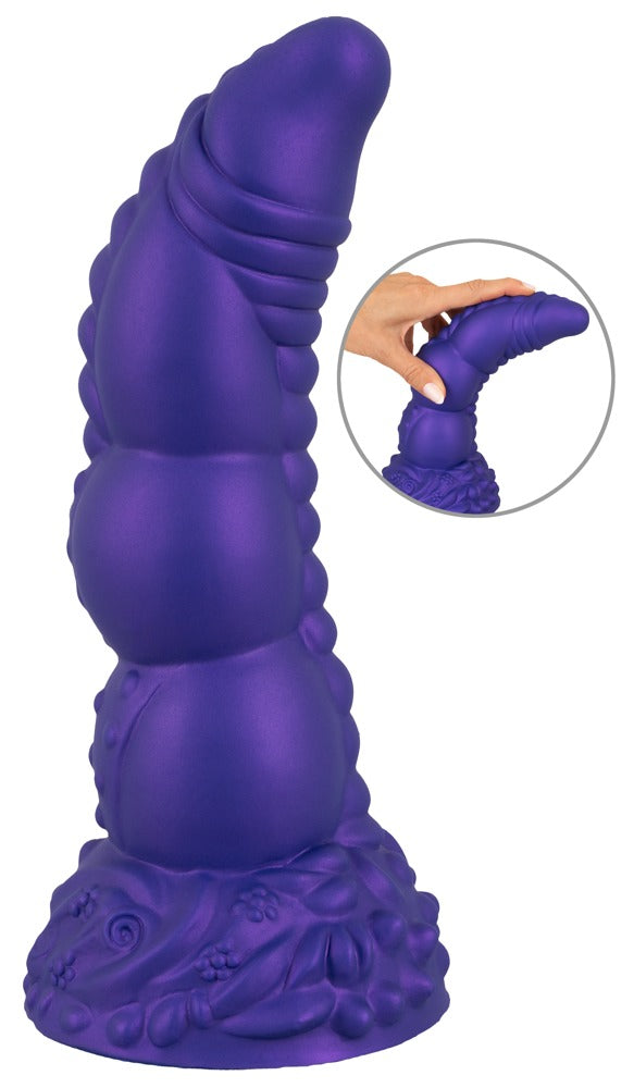 Metallisk fantasy dildo med kraftig sugekop til hands-free brug