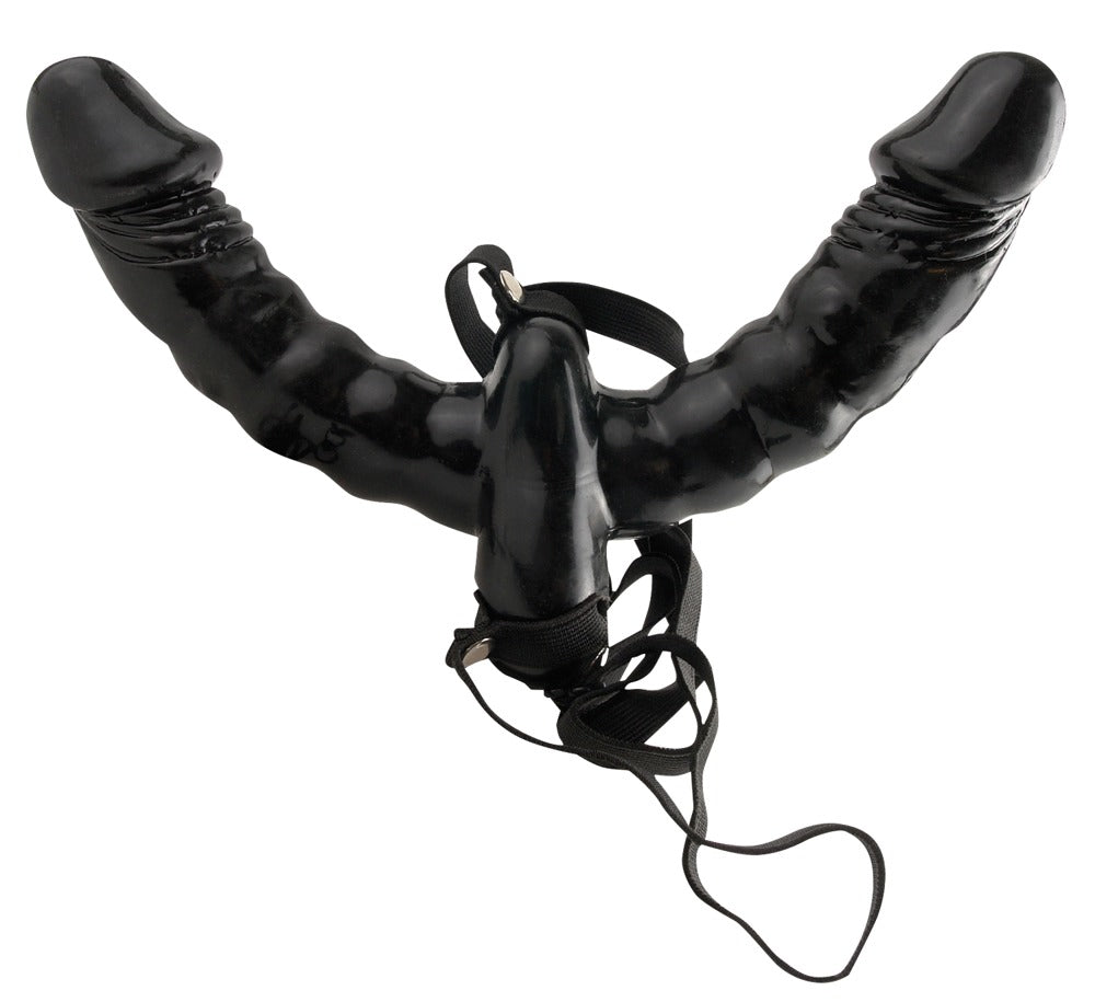 Double vibrator strap-on med to sorte vibratorer og justerbart harness