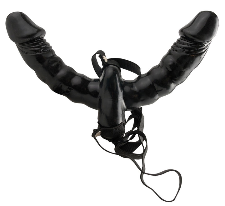 Double vibrator strap-on med to sorte vibratorer og justerbart harness