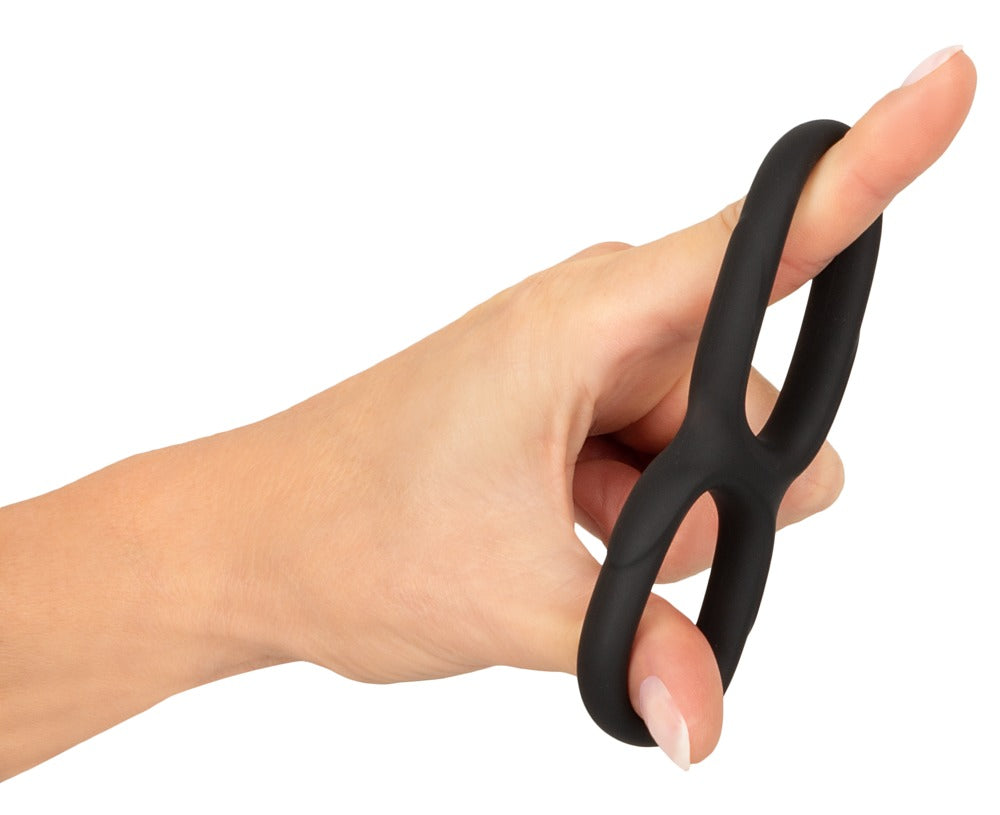 Erecto Double Cock Ring i sort Liquid Silicone med fleksibel 2-i-1 pasform