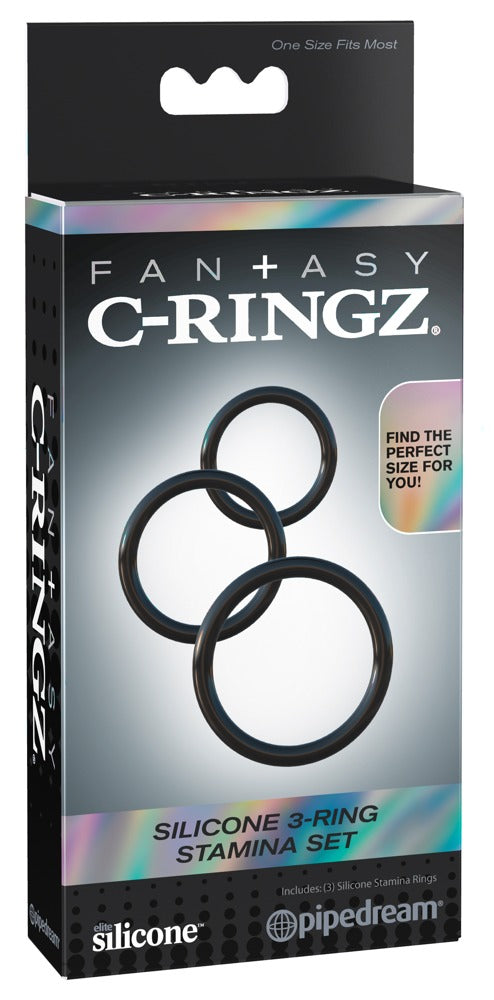Fantasy C-Ringz Silicone 3-Ring Stamina Set med tre sorte penisringe