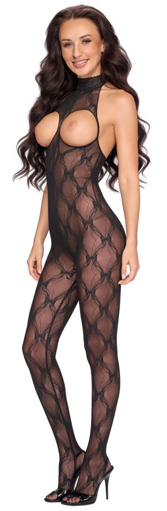 Fantasy by Cottelli crotchless catsuit med blondechoker og åbne skåle