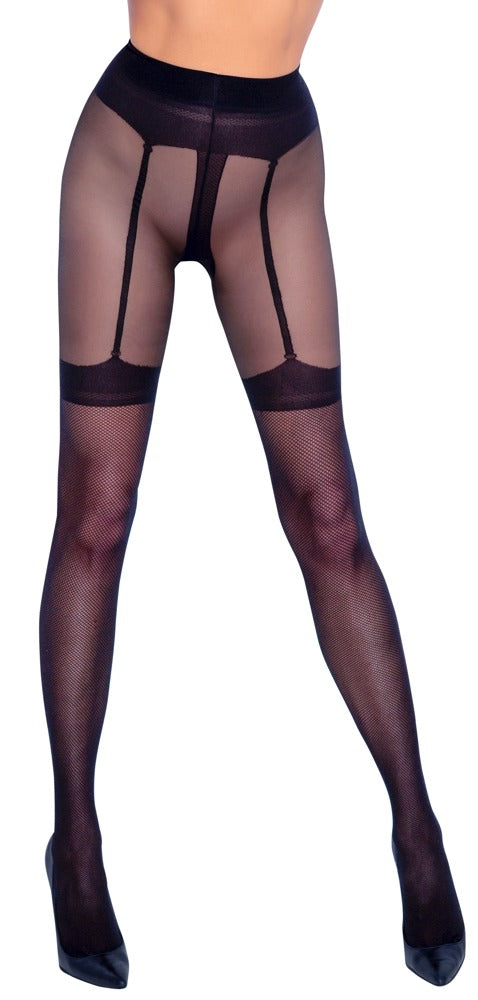 Sorte fishnet-tights med dekorativ bagsøm