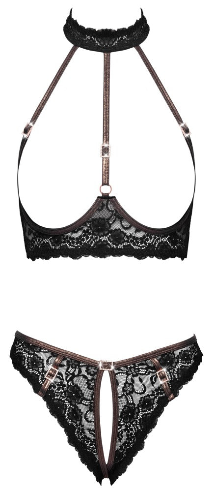 Frækt Cottelli lingeri med choker, åben BH og glamourøse detaljer