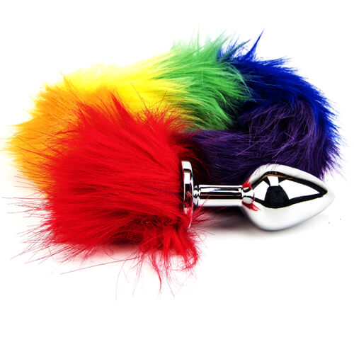 Furry Fantasy tail plug med glat metalplug og regnbuehale
