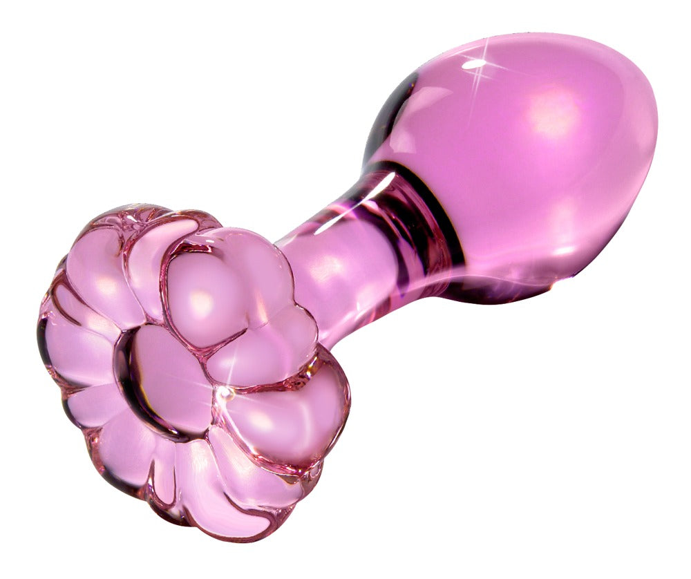 Glas-butt plug med blomsterformet stopper i rosa