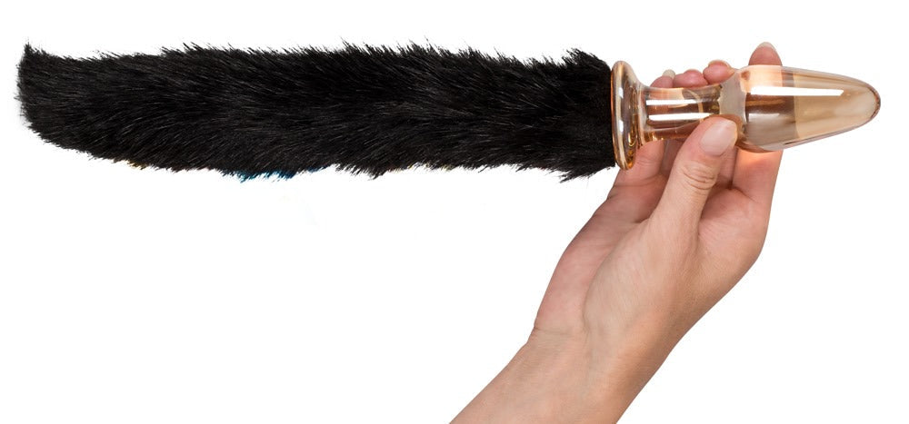 Glas-plug med bred stopper og lang sort hale