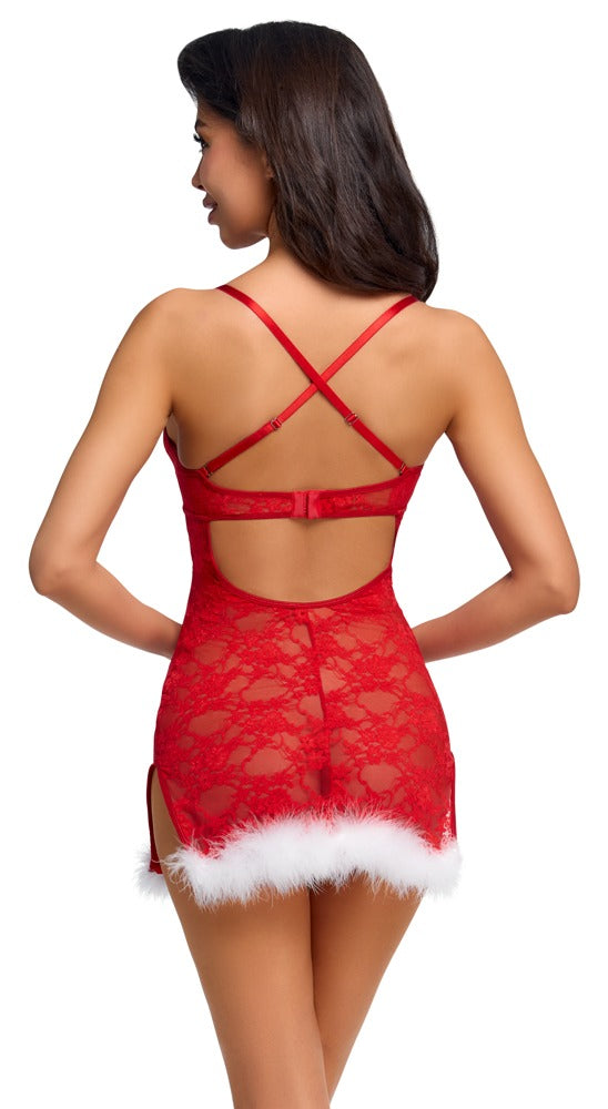 Rød blondechemise med justerbare stropper og side-slidser