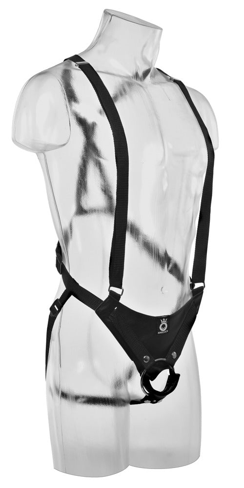 Hudfarvet hult strap-on med sort harness og seler